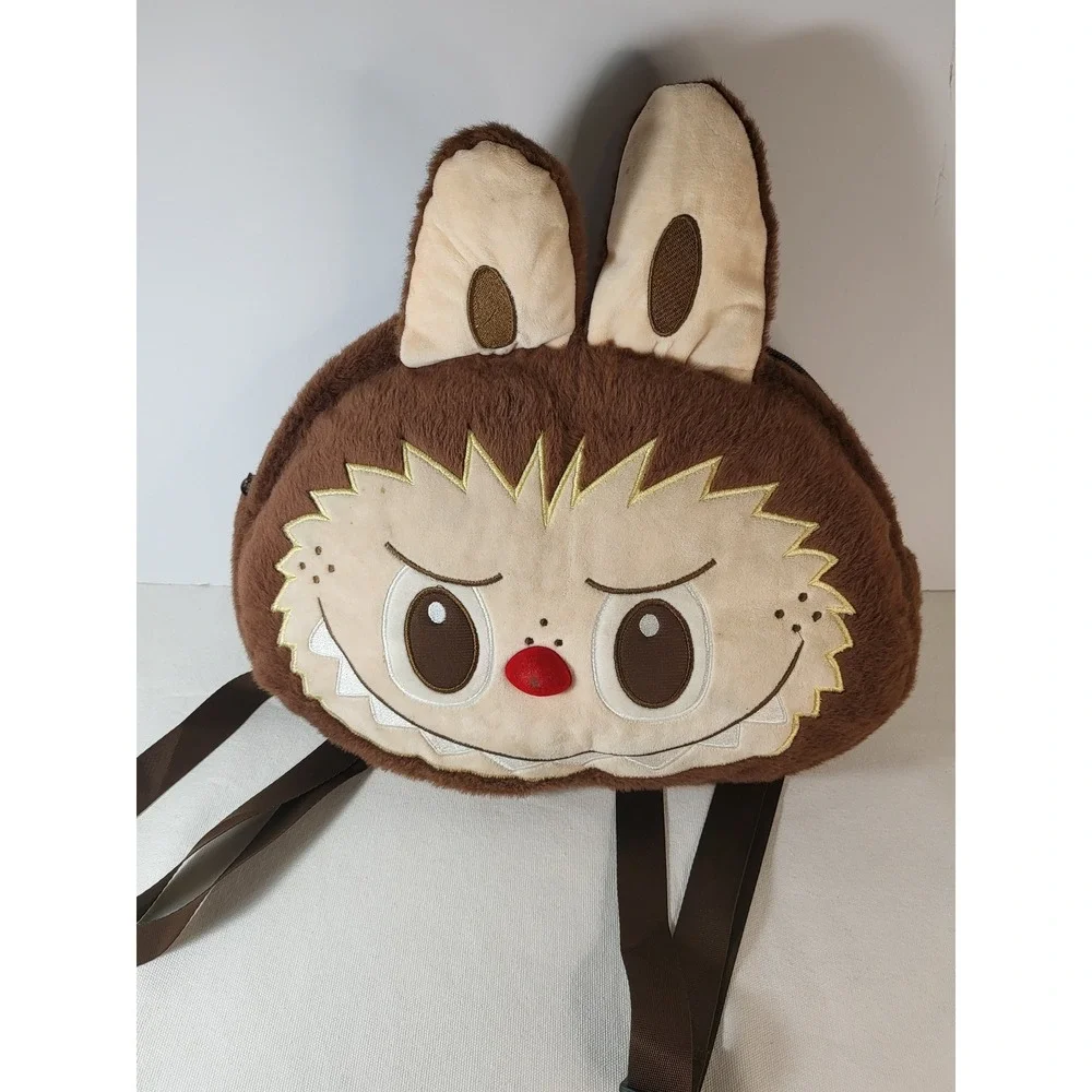 Plush Monster Character Faux Fur Backpack Brown Embroidered Face Red Nose